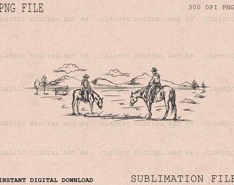 May include: A black and white line drawing of two cowboys riding horses in a landscape setting. The cowboys are wearing hats and are riding in opposite directions. The landscape includes hills, trees, and a river.