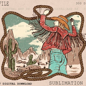 May include: A digital illustration of a woman in a red shirt and blue jeans, holding a lasso in a desert landscape. The woman is wearing a cowboy hat and has long brown hair. The background includes cacti, mountains, and a cloudy sky.