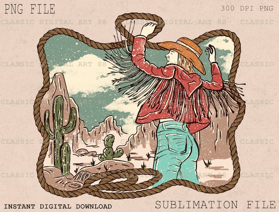 Retro Cowgirl Desert PNG, Western Design (Digital Download)