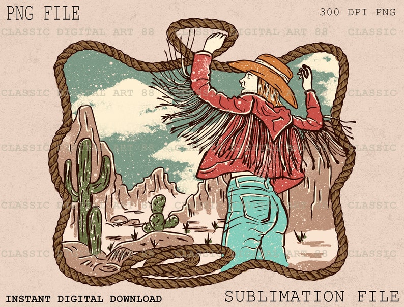 May include: A digital illustration of a woman in a red shirt and blue jeans, holding a lasso in a desert landscape. The woman is wearing a cowboy hat and has long brown hair. The background includes cacti, mountains, and a cloudy sky.
