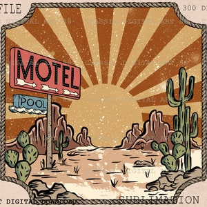 Puede incluir: Una ilustraci&oacute;n de estilo retro de un letrero de motel con la palabra "MOTEL" en letras rojas. El letrero est&aacute; situado en un paisaje des&eacute;rtico con un fondo de sol radiante y cactus. Un letrero m&aacute;s peque&ntilde;o debajo dice "PISCINA".