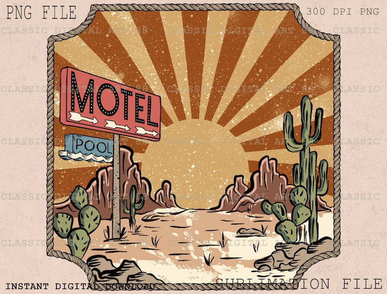 Puede incluir: Una ilustraci&oacute;n de estilo retro de un letrero de motel con la palabra "MOTEL" en letras rojas. El letrero est&aacute; situado en un paisaje des&eacute;rtico con un fondo de sol radiante y cactus. Un letrero m&aacute;s peque&ntilde;o debajo dice "PISCINA".