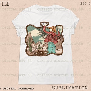 May include: A sublimation design featuring a woman in a red shirt and blue jeans standing in a desert landscape with a cactus and mountains in the background. The woman is holding a lasso and is surrounded by a rope.