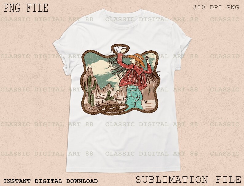 May include: A sublimation design featuring a woman in a red shirt and blue jeans standing in a desert landscape with a cactus and mountains in the background. The woman is holding a lasso and is surrounded by a rope.