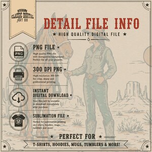 May include: Digital file information graphic with a vintage western theme. The image features a cowgirl with a horse, text that reads "Detail File Info", and icons for PNG, 300 DPI, instant download, and sublimation file. The text also says "Perfect for T-shirts, hoodies, mugs, tumblers & more!"