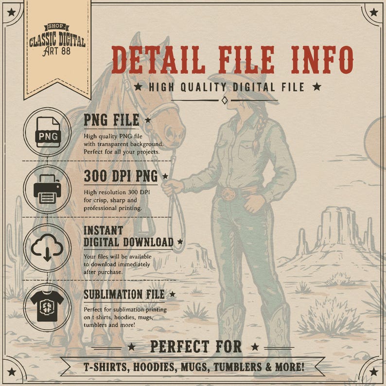 May include: Digital file information graphic with a vintage western theme. The image features a cowgirl with a horse, text that reads "Detail File Info", and icons for PNG, 300 DPI, instant download, and sublimation file. The text also says "Perfect for T-shirts, hoodies, mugs, tumblers & more!"