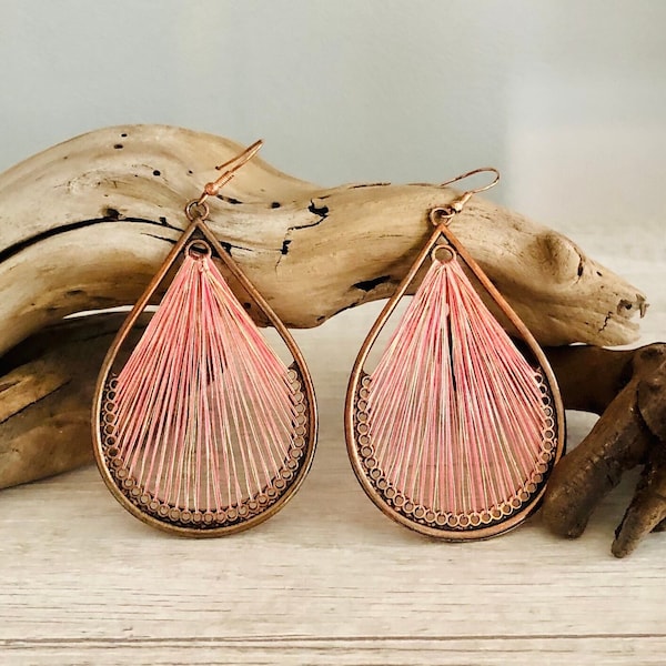 Boho Teardrop Earring/Boho Earring Dangle/Bronze Earring/Pink Earring/Unique Boho Jewelry/Woven Earring/Oval Drop Bohemian Earrings/Mandala