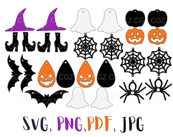 Pendientes de Halloween SVG, Pendientes de piel sintética SVG, Pendientes de calabaza SVG, Archivo de corte para Cricut, Pendientes de fantasma, Plantillas de pendientes de Halloween SVG