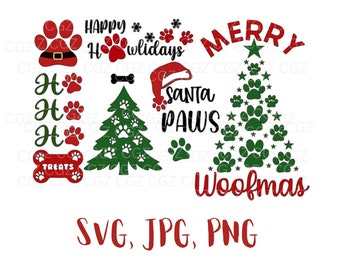 Puede incluir: Un diseño navideño con un árbol verde con huellas de patas, un gorro de Papá Noel rojo con las palabras "Santa Paws", y el texto "Happy Howlidays" y "Merry Woofmas".