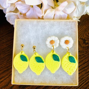 Lemon Earrings, Daisy Lemon Earrings, Polymer Clay Earrings, Boho Earrings, Fruit Polymer Clay Earrings, Summer Clay Earrings, Fruit Earring