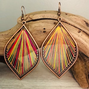 Boho Earring Dangle/Bronze Earring/Bohemian Earring/Unique Boho Jewelry/String Woven Earring/Multicolor Earring/Retro Boho Earring/Rainbow