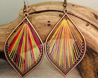 Boho Earring Dangle/Bronze Earring/Bohemian Earring/Unique Boho Jewelry/String Woven Earring/Multicolor Earring/Retro Boho Earring/Rainbow