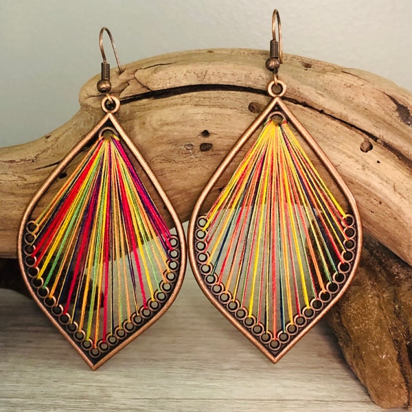 Boho Earring Dangle/Bronze Earring/Bohemian Earring/Unique Boho Jewelry/String Woven Earring/Multicolor Earring/Retro Boho Earring/Rainbow