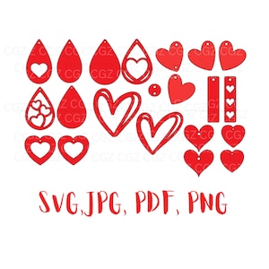 Könnte beinhalten: Eine digitale Design-Datei zum Erstellen von Valentinstags-Ohrringen. Das Design umfasst verschiedene Herzformen, darunter eine Tropfenform mit einem Herz-Ausschnitt, ein Herz mit drei kleineren Herzen im Inneren und ein Herz mit einem einzelnen Herz-Ausschnitt. Das Design beinhaltet auch einen herzförmigen Anhänger mit einem Loch zum Aufhängen.