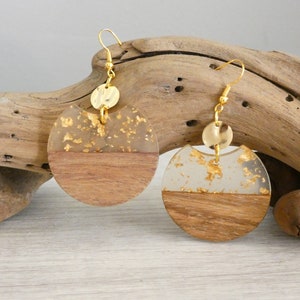 Wood Circle Earrings with Disc | Classic Round Resin and Wood Earrings | Boho Wooden Earrings | Beautiful, Trendy Gift, Everyday Earrings