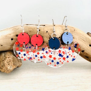 Patriotic Earrings, Acrylic stars  earrings, star earrings, red, white and blue earrings, star dangle earring, Summer Earrings, 4th of July