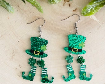 St Patrick's Day Earrings/Leprechaun Earring/Green Glitter Shamrock Earrings/St. Patrick's Day Jewelry/Green Four Leaf Clover Ear/Irish