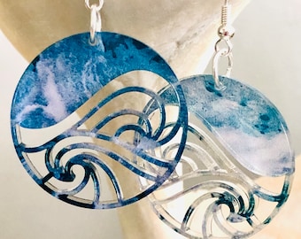 Ocean Earrings, Ocean Acrylic Earrings, Beach Jewelry, Beach Themed Earring, Beach Earrings, Summer Earrings, Wave Earrings, Hypoallergenic