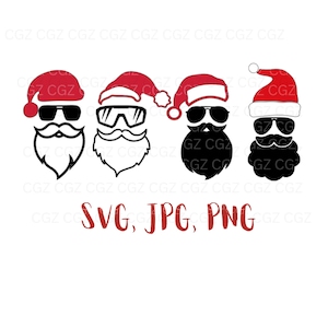 May include: Three black and white Santa Claus faces with sunglasses and beards. The Santa hats are red. The text "SVG, JPG, PNG" is below the faces.