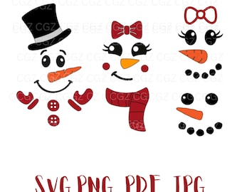 Paquete de caras de muñeco de nieve SVG, muñeco de nieve niño y niña SVG, cara de muñeco de nieve Svg, silueta, PDF, Png, calcomanía, pegatina, vinilo, clipart de muñeco de nieve, archivo de corte
