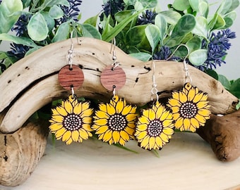 Sunflower Earrings, Sunflower Drop Earring, Flower Earrings, Wood Earrings, Laser Engraved, Summer Earrings, Trendy Earrings, Cute Earrings