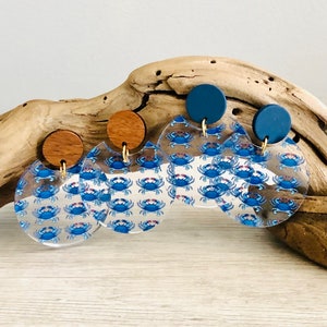 Crab Earring, Blue Crab Earring, Beach Jewelry, Blue Crab Acrylic Dangle Earring, Sea Lover Gift, Wood & Acrylic Earrings,