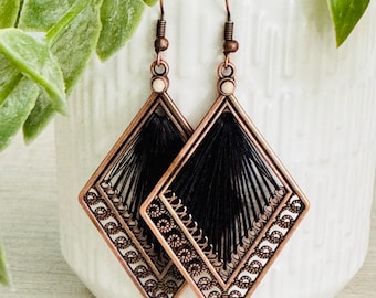 Boho Earring Dangle, Bronze Earring, Bohemian Earring, Unique Boho Jewelry, String Woven Earring, Black Drop Earring, Retro Boho Earring