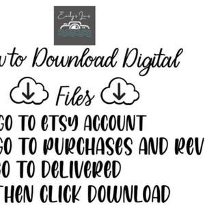 Puede incluir: Gr&aacute;fico blanco con instrucciones sobre c&oacute;mo descargar archivos digitales de Etsy. El texto incluye pasos como ir a la cuenta de Etsy, compras y rese&ntilde;as, entregado y luego hacer clic en descargar.