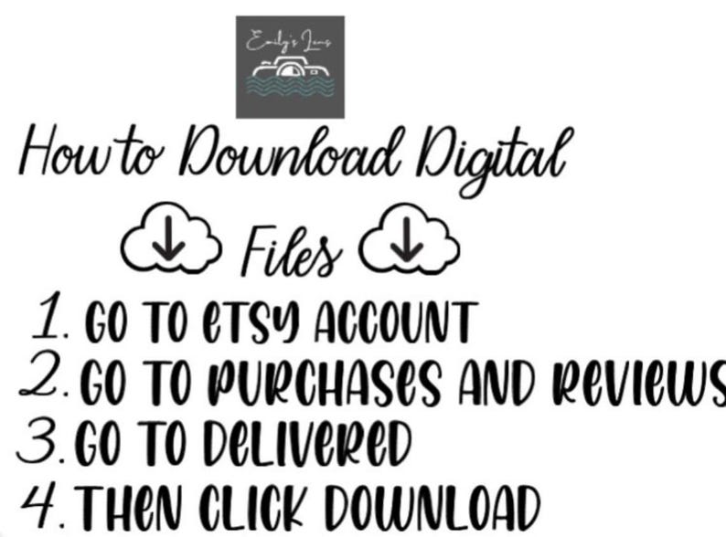 Puede incluir: Gr&aacute;fico blanco con instrucciones sobre c&oacute;mo descargar archivos digitales de Etsy. El texto incluye pasos como ir a la cuenta de Etsy, compras y rese&ntilde;as, entregado y luego hacer clic en descargar.