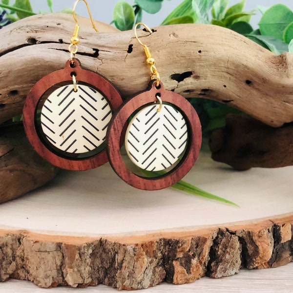 Boho Wood Hoop Earrings, Boho Wood and Clay Earring, Wood hoops, Natural wood earring, bohemian earring, Circle Earring, Geometric earring