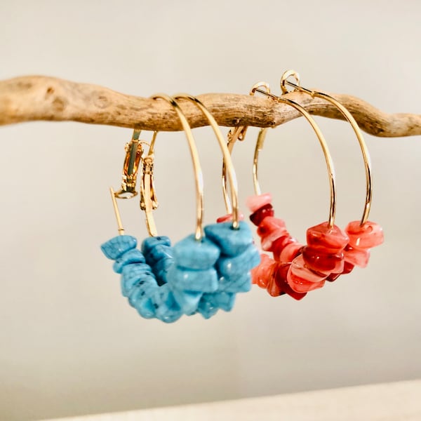 Turquoise Hoop Earring/Boho Earring/Coral Hoop Earring/Stone Hoop Earrings/Hoop Earring/14k gold plated earring/Summer Earrings/Beach