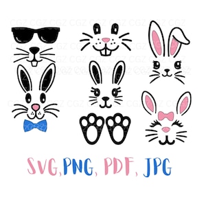 Bunny Face SVG, pdf, Easter Svg, Bunny Face Set, Easter Bunny Svg, PNG, Bunny Cut Files Cricut, Girl Boy Bunny, Bunny with Lashes, Clipart