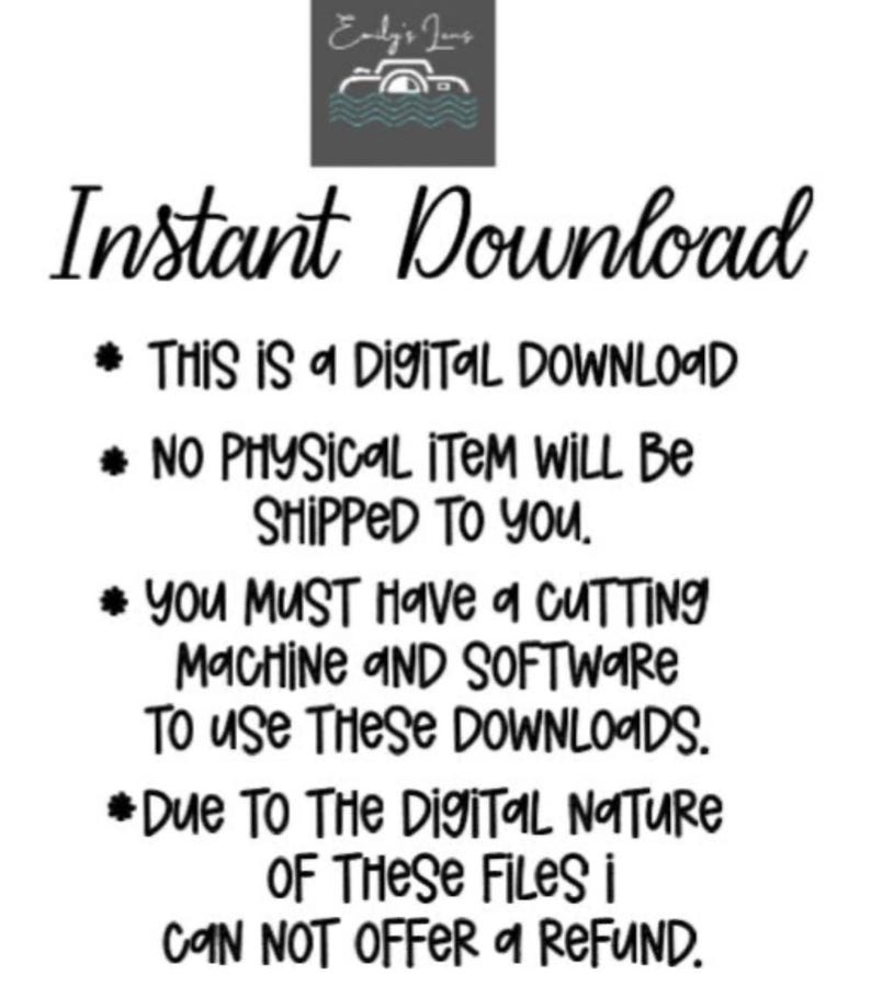 Puede incluir: Un fondo blanco con texto negro que dice "Descarga instant&aacute;nea". Texto adicional indica que es una descarga digital, no se enviar&aacute; ning&uacute;n art&iacute;culo f&iacute;sico y se necesita una m&aacute;quina de corte y software.