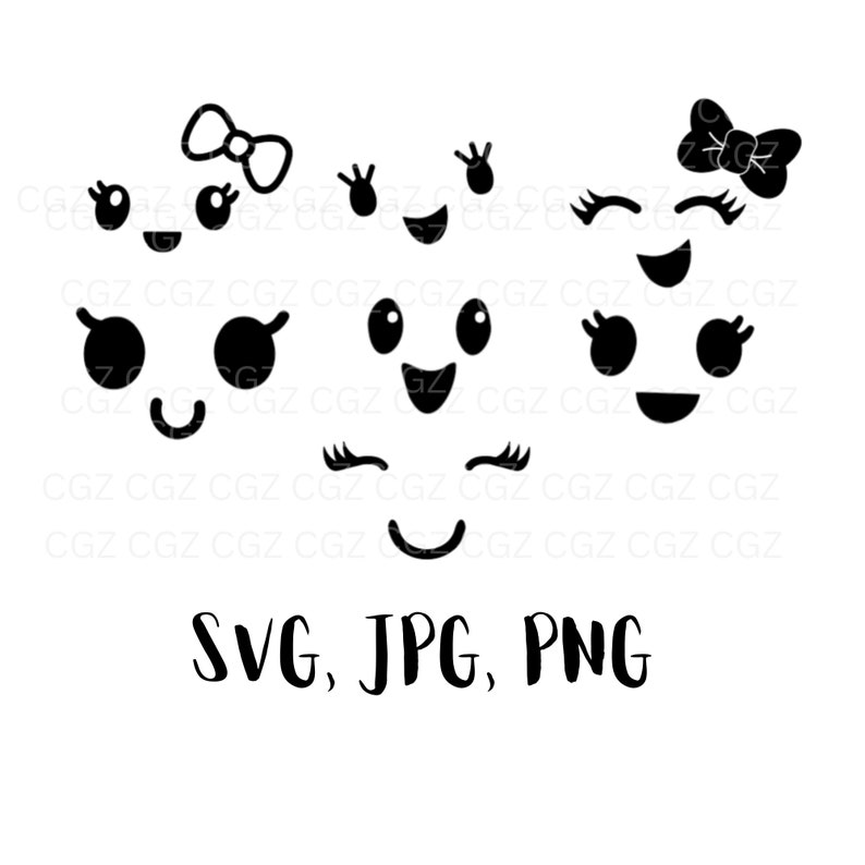 May include: A set of black and white printable face parts for crafting. The set includes eyes, eyelashes, mouths, and bows. The text "SVG, JPG, PNG" is at the bottom of the image.