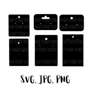 Puede incluir: Tarjetas negras para exhibici&oacute;n de pendientes en varias formas y tama&ntilde;os, cada una con un agujero para colgar y agujeros para pendientes. El texto "SVG, JPG, PNG" est&aacute; en la parte inferior.