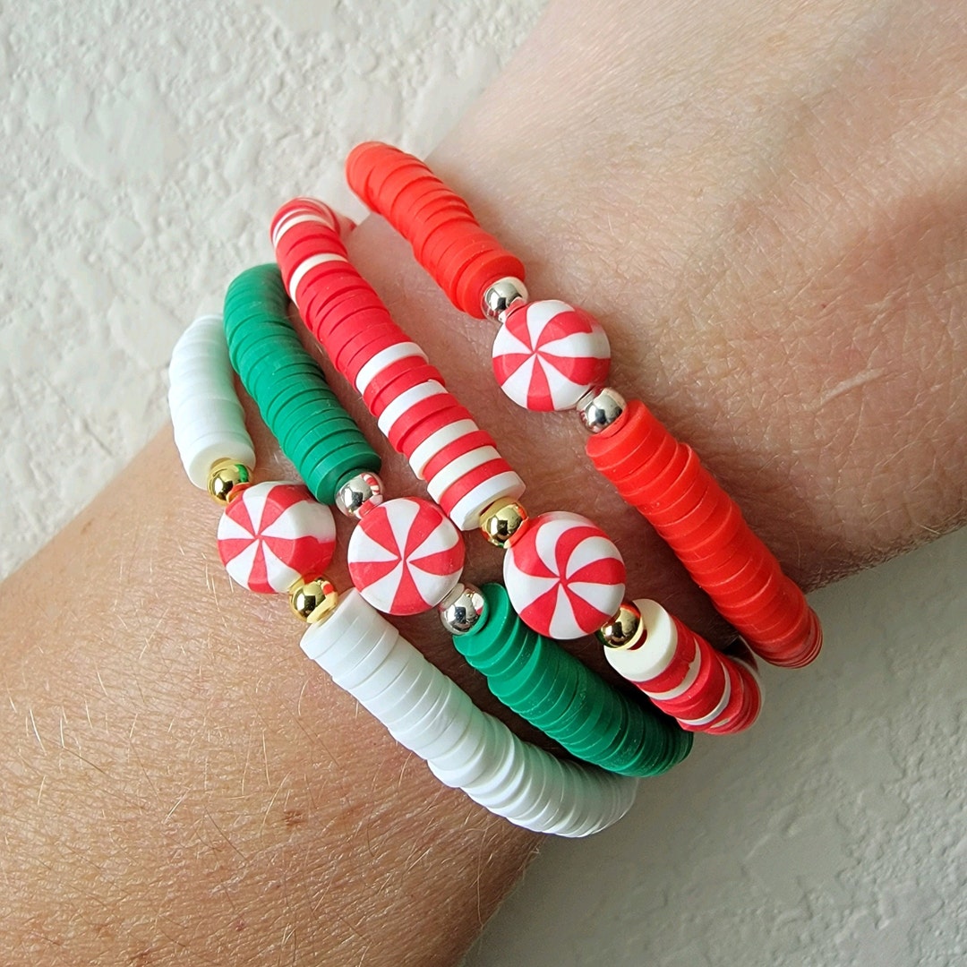 Christmas Charm Bracelets, Holiday Beaded Bracelets, Peppermint