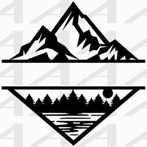 May include: Black and white silhouette of a mountain range with a forest and lake in a triangle shape below.