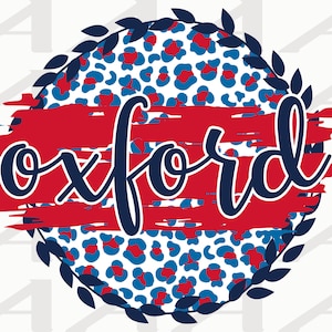 May include: A circular design featuring the word "Oxford" in a navy script font, set against a red brushstroke. The background has a leopard print pattern in blue and red, framed by a navy leaf border.