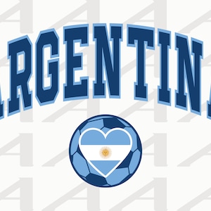 Puede incluir: Un gráfico azul y blanco con la palabra "ARGENTINA" en una fuente grande y en negrita. Debajo del texto hay un balón de fútbol con una bandera argentina en forma de corazón.
