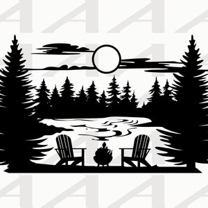 Lake Scene - kampvuur - Adirondack-stoelen - silhouet meer en bos - buitenshuis - Cricut - Clipart - Instant Download SVG, PNG en PDF