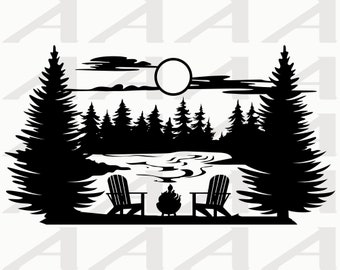 Lake Scene - Campfire - Adirondack Chairs - Lake and Forest Silhouette - Outdoors - Cricut - Clipart - Instant Download SVG, PNG & PDF