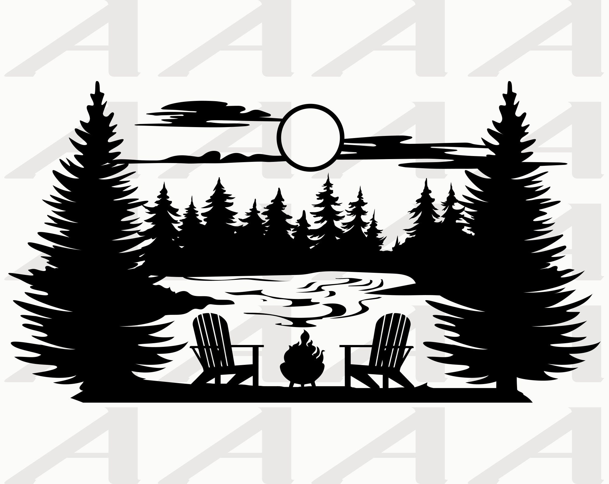 Lake Scene - Campfire - Adirondack Chairs - Lake and Forest Silhouette - Outdoors - Cricut - Clipart - Instant Download SVG, PNG & PDF