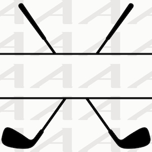 May include: Black and white silhouette of two crossed golf clubs with a space for text in the middle.
