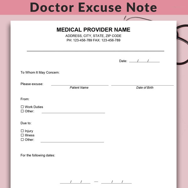 Custom Doctor's Note, Doctor Excuse for Work, Doctor's Excuse Letter, School Excuse Note, Word, Google Docs, PDF, 2 Sizes, Instant Download