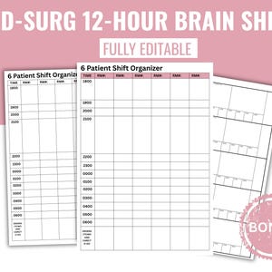 May include: A set of printable medical shift organizer sheets. The sheets are white with black grid lines and text. The title "MED-SURG 12-HOUR BRAIN SHEET" is at the top. The sheets are labeled "6 Patient Shift Organizer". A pink "BONUS" sticker is in the corner.