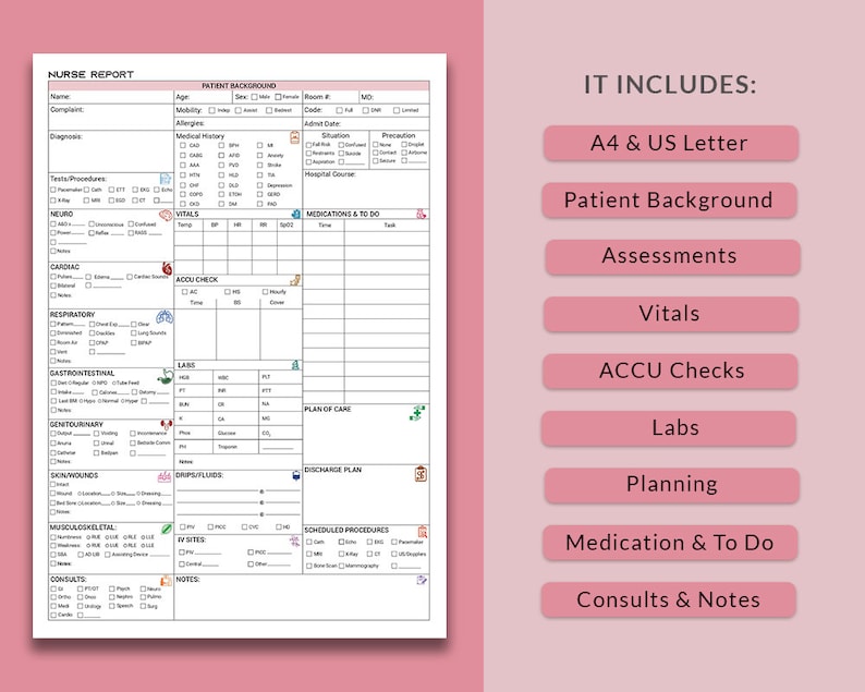 Nursing Report Sheet Med Surg Nurse Report Sheet Nursing Etsy Canada