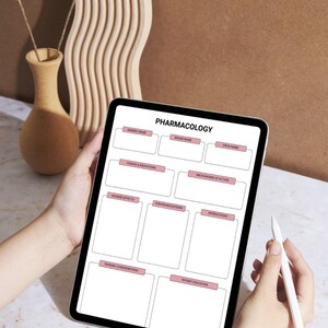 May include: A digital tablet displaying a pharmacology study guide. The guide includes sections for generic name, brand name, drug name, dosage, adverse effects, contraindications, interactions, and patient education. A stylus is held in the hand.