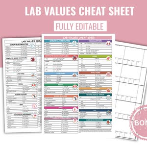 May include: Three medical reference sheets titled "LAB VALUES CHEAT SHEET" with the text "FULLY EDITABLE". The sheets display medical data, including serum electrolytes, coagulation, and neurological status. A pink "BONUS" sticker is in the bottom right corner.