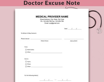 Doctor Excuse Template, Drs Note For Work, School Excuse Note, Doctor Excuse Letter, Excuse Note, Doctor Excuse For Work, A4 & US Letter