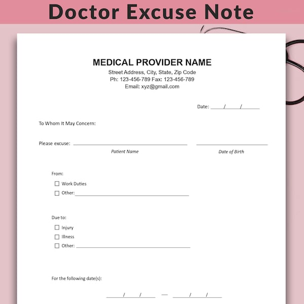 Doctor Excuse Template, Drs Note For Work, School Excuse Note, Doctor Excuse Letter, Excuse Note, Doctor Excuse For Work, A4 & US Letter